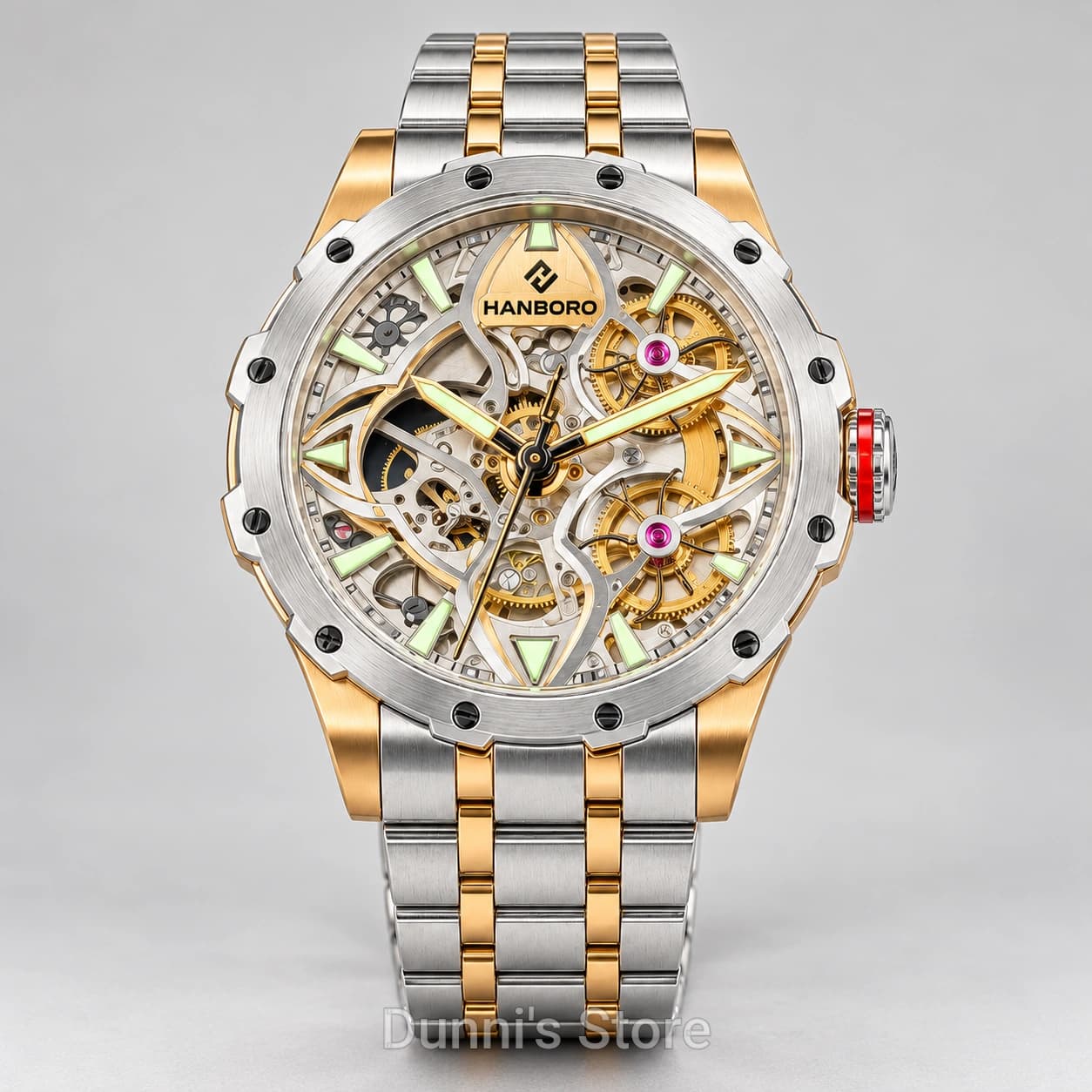 HANBORO Two-Tone Skeleton Watch