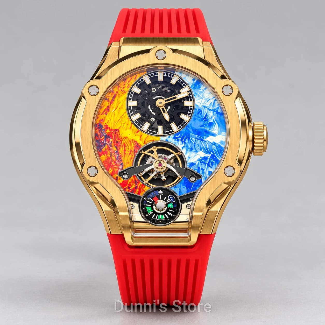 HANBORO Gold-Tone Orange & Blue Dial Watch — Red Strap